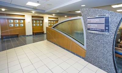 Lobby and directional signage for the Neonatal Intensive Care Unit (NICU) and patient rooms for the Family Birth and Newborn Center at Lehigh Valley Hospital–Cedar Crest, located on the fourth floor of Jaindl Family Pavilion